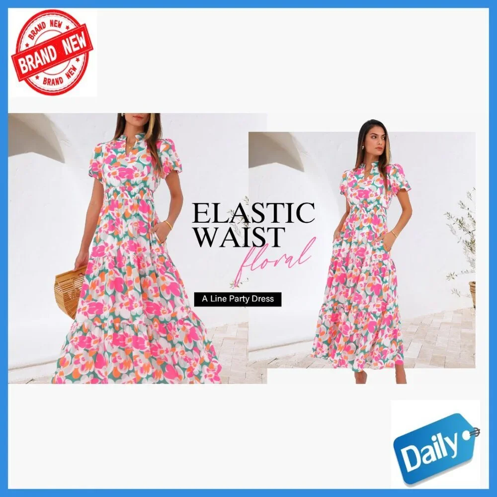 Maxi Dress with Puff Sleeves Smocked Waist Flowy A-Line V-Neck Casual